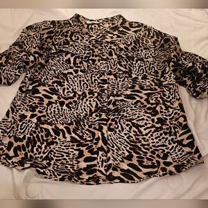 CALVIN KLEIN M Leopard Blouse Black Brown Long 3/4 Sleeve
